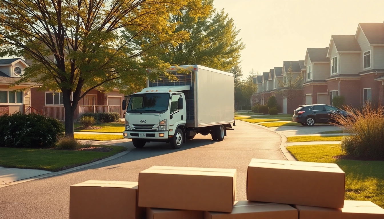 Arrange a smooth move with Bradford removal service, featuring a cheerful moving truck amidst packed boxes.