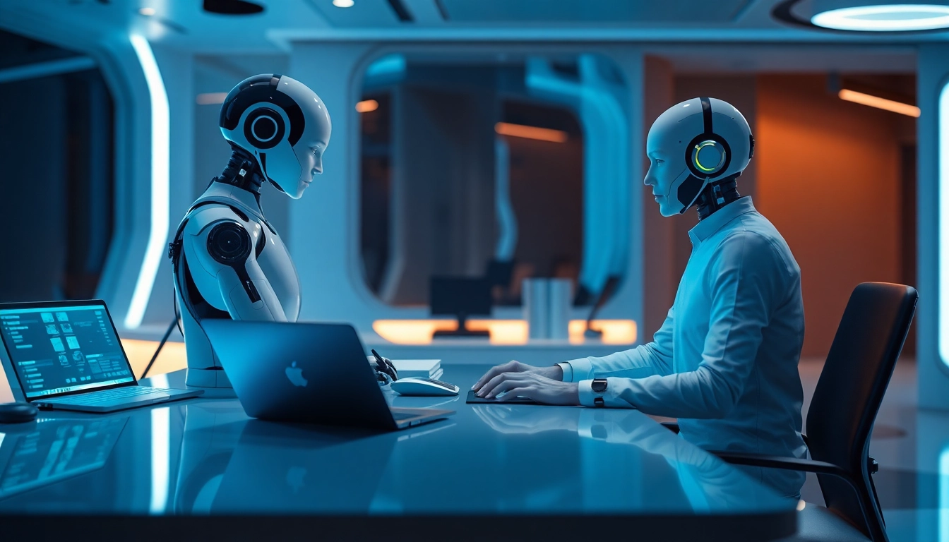 AI agents assisting users in a modern workspace with advanced technology and collaborative design.