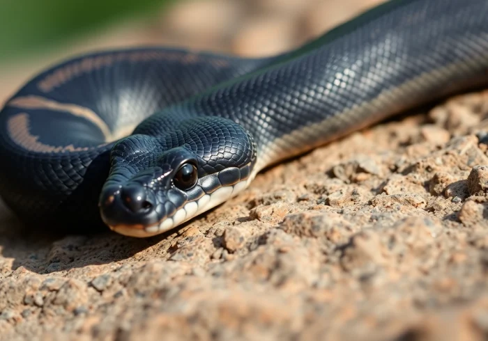 View black ball python for sale​ showcasing its glossy scales and vivid pattern against a natural backdrop.