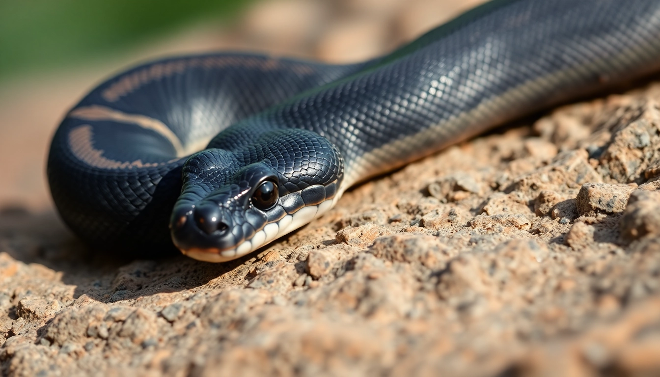 View black ball python for sale​ showcasing its glossy scales and vivid pattern against a natural backdrop.