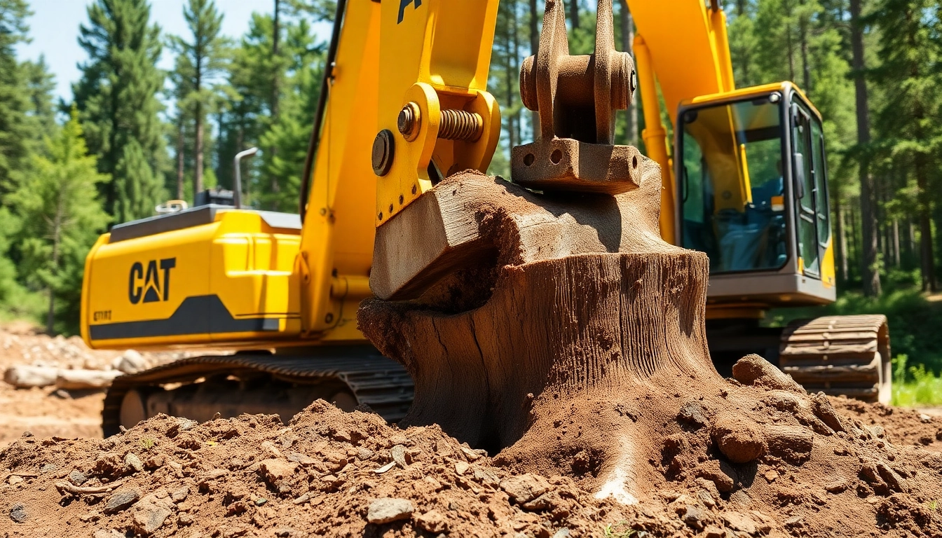 Stump removal excavator effectively using a ripper tooth to dig up a large tree stump.