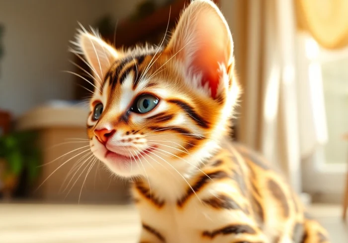 Registered Bengal Breeder showcasing a playful Bengal kitten with striking rosette patterns in a sunny setting.