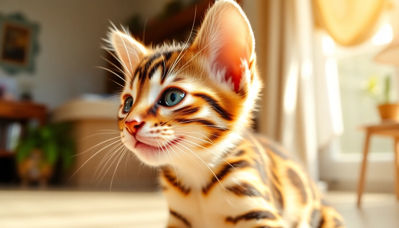 Registered Bengal Breeder showcasing a playful Bengal kitten with striking rosette patterns in a sunny setting.