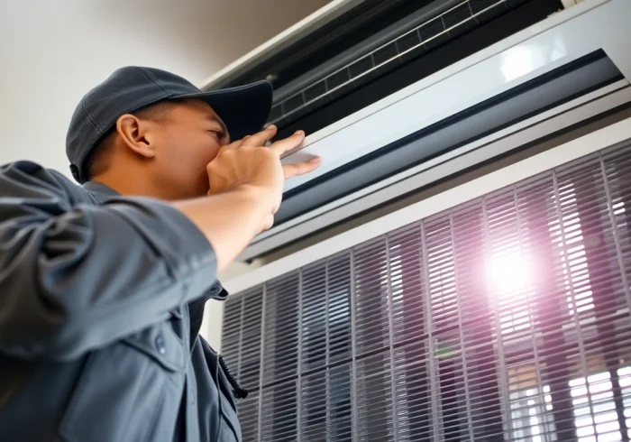 Technician performing air conditioning repair in Fort Worth, Texas, ensuring optimal performance of HVAC systems.