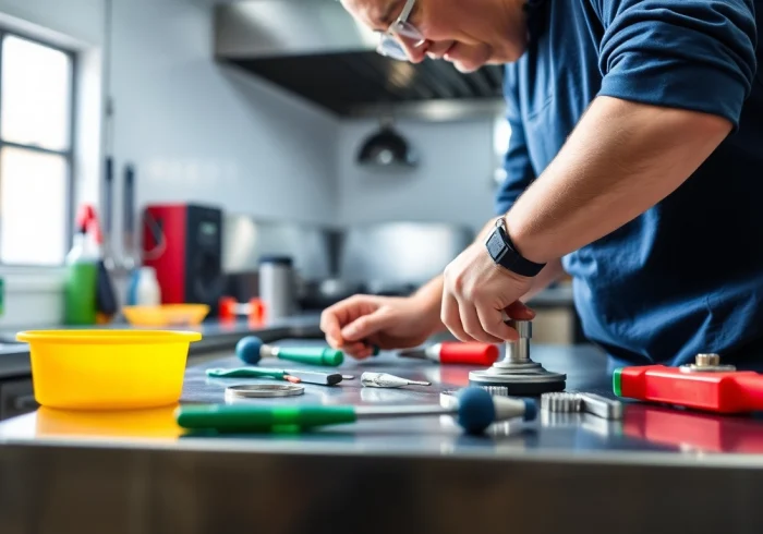 Technician performing prep table repair, showcasing tools and equipment in a clean kitchen environment.