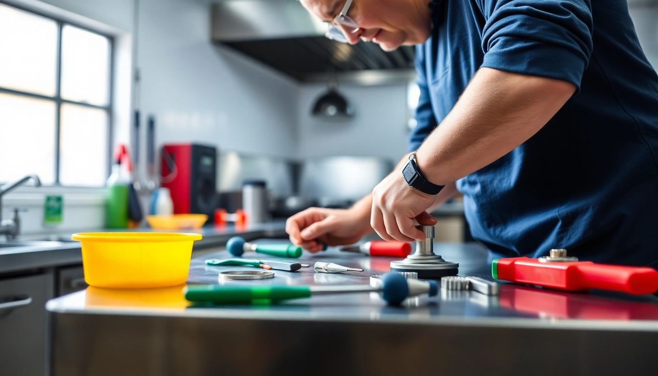 Technician performing prep table repair, showcasing tools and equipment in a clean kitchen environment.