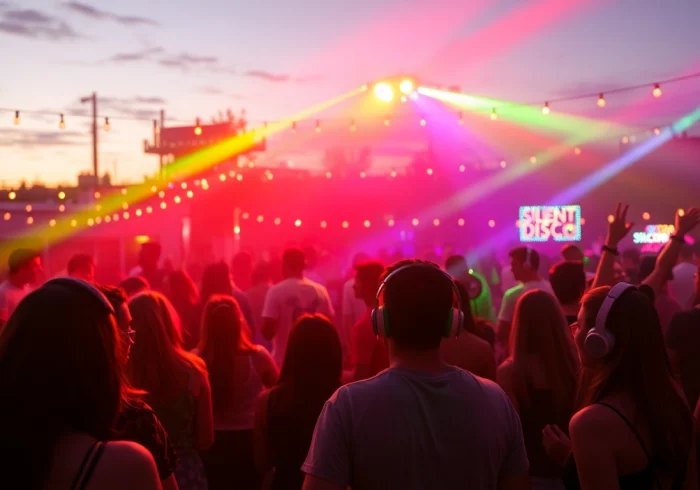 Participants enjoying a Silent Disco Colorado Spring with vibrant lights and headphones, dancing together at a festive event.